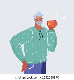 Cartoon Vector Illustration Of Old Aged Man Eating Red Apple. Close Up View Person On White Background.