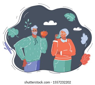 Cartoon Vector Illustration Of Old Aged Man Eating Red Apple. Close Up View Person On White Background.