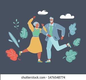 Cartoon Vector Illustration Of Old Couple Dancing. Human Characters On Dark Isolated Background.