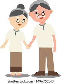 Cartoon vector illustration old couple hand in hand together.Romantic happy old lovers dating.