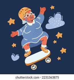 Cartoon vector illustration of old lady on scateboard over dark background