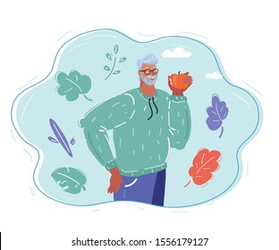 Cartoon vector illustration of old man is going to eat an apple. Healthy food concept.