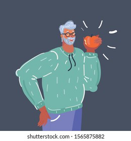 Cartoon vector illustration old man is going to eat an apple.