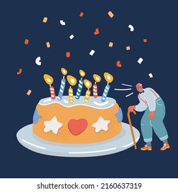 Cartoon vector illustration of Old man celebrating birthday. Senior man with big cake and candle. Grandfather with grey hair. Elder man over dark background.