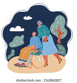 Cartoon vector illustration of old man in wheelchair with assistence in park over dark backround.