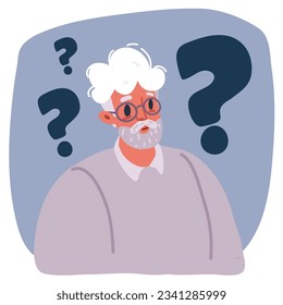 Cartoon vector illustration of old man who is confused, questioning. Want to find answers. People around the question mark. Dementia, memory impairment