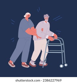Cartoon vector illustration of old man walking with walkers and nurse is helping him.