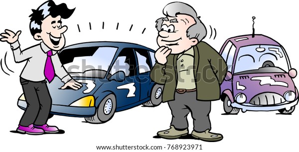 Cartoon Vector illustration of a old man who is\
interested in a brand new auto\
car