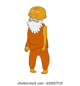 Cartoon vector illustration. Old monk in orange robe
