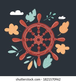 Cartoon vector illustration of Old vintage wooden steering sheep wheel, isolated on dark background
