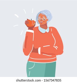 Cartoon vector illustration of old woman eats a red apple. Human character on white background.