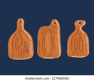 Cartoon vector illustration of Old wooden cutting boards over dark backround