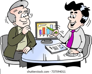 Cartoon Vector illustration of a older man looking at finance