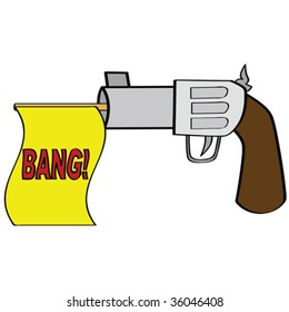 Cartoon vector illustration of an old-style gun with the word BANG on a flag coming out of it