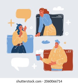 Cartoon vector illustration of oline dialogue in message window with bubbles. Man and woman talk togetether on white.