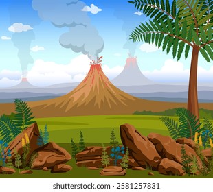 Cartoon vector illustration on the Jurassic period. Prehistoric landscape with stone, erupting volcano, smoke clouds, fern and other plants. Wild nature.