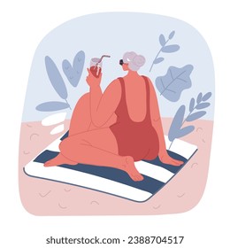 Cartoon vector illustration of on summer vacation beach resort. Woman enjoying sun , rear view