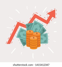 Cartoon vector illustration of it on a theme of business with stack of cents, dollars and increasing index. Object on white.