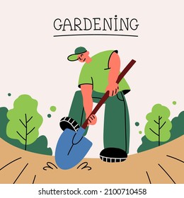 Cartoon vector illustration on the theme of garden, gardening,cultivation, spring. Man digs the ground. Colorful background for use in design