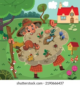 Cartoon vector illustration on the theme of old man and animals in nature.
