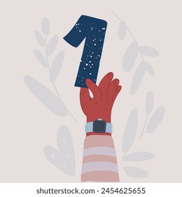Cartoon vector illustration of one 1 number in Hand holding winner's trophy award.