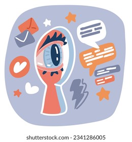 Cartoon vector illustration of One eye looking through a hole in a yellow paper. Voyeurism. A curious look. Jealousy, spying on or overhearing the concept.