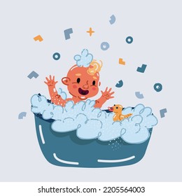 Cartoon vector illustration of One year old baby takes bath.