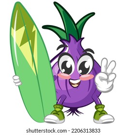 cartoon vector illustration of onion character carrying a surfboard