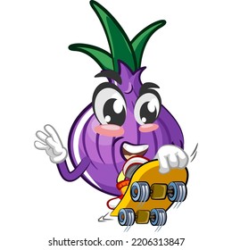 cartoon vector illustration of onion character jumping with skateboard