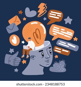 Cartoon vector illustration of online assistant at work. promotion in the network. manager at remote work, searching for new ideas solutions, working, brainstorming over dark background