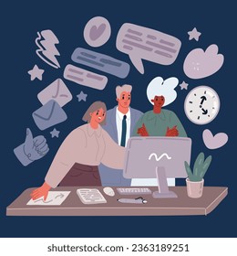 Cartoon vector illustration of online assistant at work. promotion in the network. manager at remote work, searching for new ideas solutions, working together in the company, brainstorming over dark
