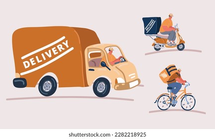 Cartoon vector illustration of Online delivery service concept, online order tracking, delivery home and office. Warehouse, truck, scooter and bicycle courier, delivery man