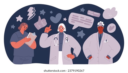 Cartoon vector illustration of online doctor together concept over dark backround