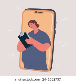 Cartoon vector illustration of Online doctor and medical concept health call. Patient gets medical care via video and telephone call, online health check. Nurse on display