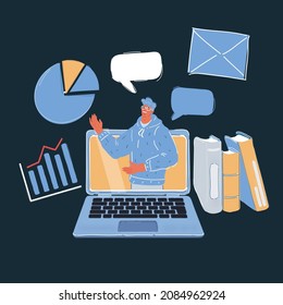 Cartoon vector illustration of online education graduation. Webinar and video seminar learning concept. Lecture media on dark.