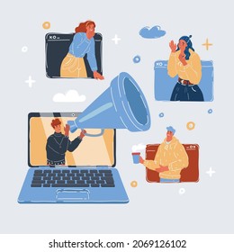 Cartoon vector illustration of Online marketing. Different people profile in social net. Man and woman in message windows