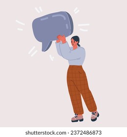 Ilustración vectorial de caricatura del concepto de mensajería en línea. Joven sosteniendo una burbuja de discursos charlando con amigos en las redes sociales. Comunicación remota.