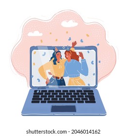 Cartoon vector illustration of Online party, birthday, meeting friends. People party together in quarantine. Two woman celebrate something at laptop screen. Video chat.