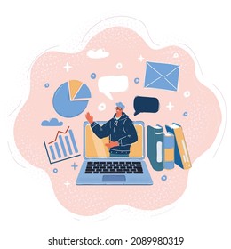 Cartoon vector illustration of online seminar speaker presentation and professional on screen laptop
