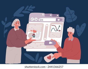 Cartoon vector illustration of Online shopping concept. Customer buying, paying in internet store, adding purchases, goods to virtual cart, order list on web-site over dark background
