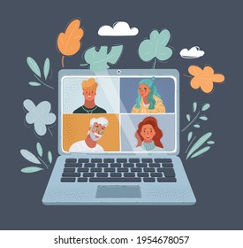 Cartoon vector illustration of Online Virtual Meetings, Work from Home Teleconference. Human faces, man and woman at the laptop screen. Object on dark bacgkround.