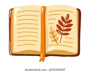 Cartoon vector illustration of an open book with autumn leaves and bookmark. Vector isolated illustration on white background.