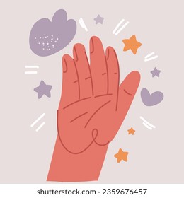 Cartoon vector illustration of Open outstretched hand, showing five fingers, extended in greeting.