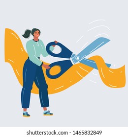 Cartoon vector illustration of Opening ceremony concept. Yellow ribbon. Young girl holding scissors and cut the ribbon.