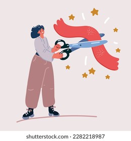 Cartoon vector illustration of Opening ceremony concept. Red ribbon. Young girl holding big scissors