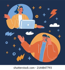 Cartoon vector illustration of Operator in headset answers user questions over dark backround.