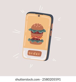 Cartoon vector illustration of ordering food online on a smartphone application, hamburger on smartphone screen.