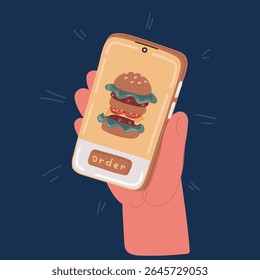 Cartoon vector illustration of ordering food via mobile phone with home delivery. Hand holding smartphone with burger and french fries. Fast food order app. Lunch menu over dark background