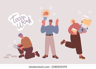 Cartoon vector illustration of Organization, search and collection of digital information. Managers work with organized archives, collect Database, management, creativity concept