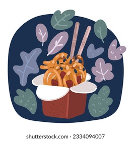 Cartoon vector illustration of Oriental noodle food. Asian noodles, ramen tradition chinese restaurant image with pasta and chopsticks over dark